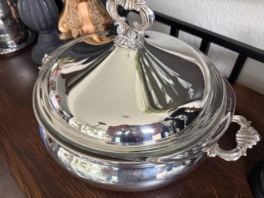 Vintage F.B. Rogers Silver Plated Covered Casserole Pyrex Insert Mid Century